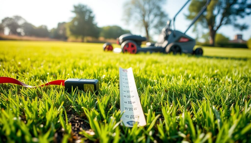 A lush, freshly aerated lawn in the soft morning light, with the soil's texture and the newly opened pores clearly visible. In the foreground, a tape measure or ruler lies atop the grass, showcasing the ideal timing between aeration and the next mowing. The mid-ground features a well-maintained lawn mower, hinting at the upcoming task. The background blends gently into a serene, natural setting, with trees and a clear, blue sky providing a calming atmosphere. The overall scene conveys a sense of balance, organization, and the importance of proper timing in lawn care. A lush, freshly aerated lawn in the soft morning light, with the soil's texture and the newly opened pores clearly visible. In the foreground, a tape measure or ruler lies atop the grass, showcasing the ideal timing between aeration and the next mowing. The mid-ground features a well-maintained lawn mower, hinting at the upcoming task. The background blends gently into a serene, natural setting, with trees and a clear, blue sky providing a calming atmosphere. The overall scene conveys a sense of balance, organization, and the importance of proper timing in lawn care.