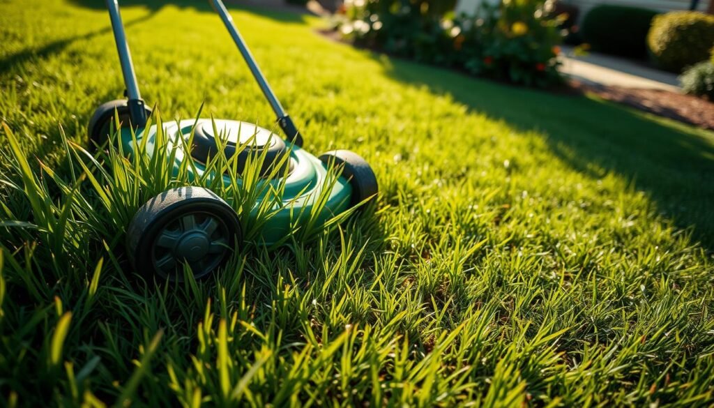 A lush green lawn, freshly aerated, with a push mower cutting through the grass. Sunlight filters through the blades, casting dynamic shadows. The mower's wheels leave parallel lines, revealing the textured soil below. In the background, a well-manicured garden frames the scene, hinting at a well-maintained outdoor space. The mood is one of diligence and a sense of accomplishment, capturing the essence of lawn care after aeration. A wide-angle lens captures the overall composition, highlighting the interplay of light, texture, and the methodical process of mowing. A lush green lawn, freshly aerated, with a push mower cutting through the grass. Sunlight filters through the blades, casting dynamic shadows. The mower's wheels leave parallel lines, revealing the textured soil below. In the background, a well-manicured garden frames the scene, hinting at a well-maintained outdoor space. The mood is one of diligence and a sense of accomplishment, capturing the essence of lawn care after aeration. A wide-angle lens captures the overall composition, highlighting the interplay of light, texture, and the methodical process of mowing.