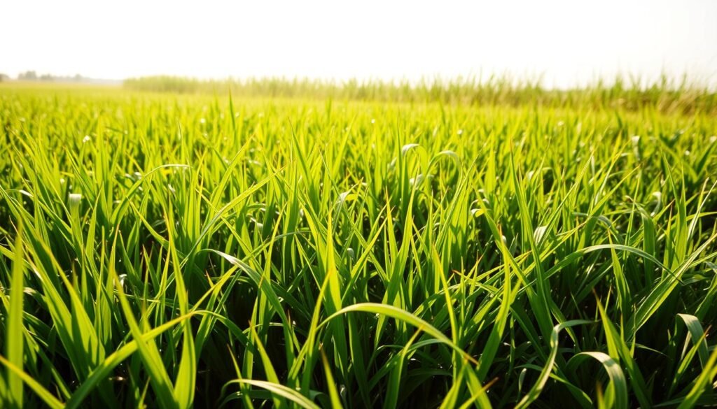 A lush, verdant expanse of diverse grass species thrives under a soft, diffused natural lighting. In the foreground, delicate blades of fine fescue and perennial ryegrass sway gently in a light breeze, their vibrant hues accentuated by the sun's golden rays. In the middle ground, the broad, stately leaves of Kentucky bluegrass and tall fescue rise, creating a harmonious tapestry of textures and shades of green. Further back, a backdrop of wispy, drought-tolerant buffalograss and Bermuda grass stretches into the distance, adapting seamlessly to the local climate conditions. The scene conveys a sense of balance, resilience, and the intricate interplay between the natural world and the needs of a well-maintained lawn.