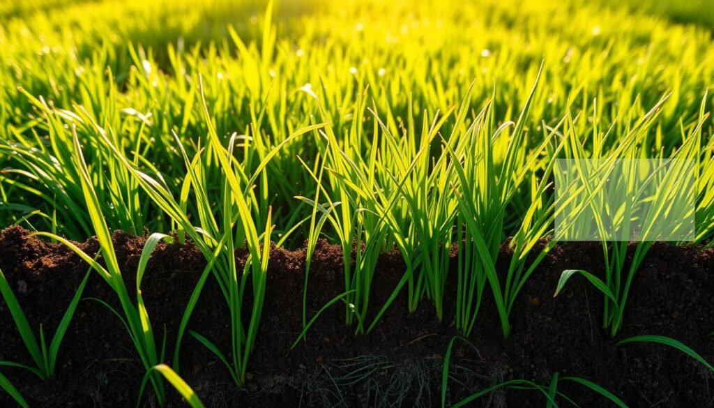 A lush, verdant lawn under warm, golden sunlight. In the foreground, blades of fescue grass sway gently, their vibrant green hues accentuated by morning dew. The middle ground reveals the intricate root system, soil structure, and nutrient-rich environment that nourish the grass. In the background, environmental factors like rainfall, temperature, and soil pH levels are subtly depicted, their influence on growth evident. The scene conveys the delicate balance of elements that impact the waiting period for mowing after overseeding a fescue lawn, inviting the viewer to appreciate the complexity of lawn care. A lush, verdant lawn under warm, golden sunlight. In the foreground, blades of fescue grass sway gently, their vibrant green hues accentuated by morning dew. The middle ground reveals the intricate root system, soil structure, and nutrient-rich environment that nourish the grass. In the background, environmental factors like rainfall, temperature, and soil pH levels are subtly depicted, their influence on growth evident. The scene conveys the delicate balance of elements that impact the waiting period for mowing after overseeding a fescue lawn, inviting the viewer to appreciate the complexity of lawn care.
