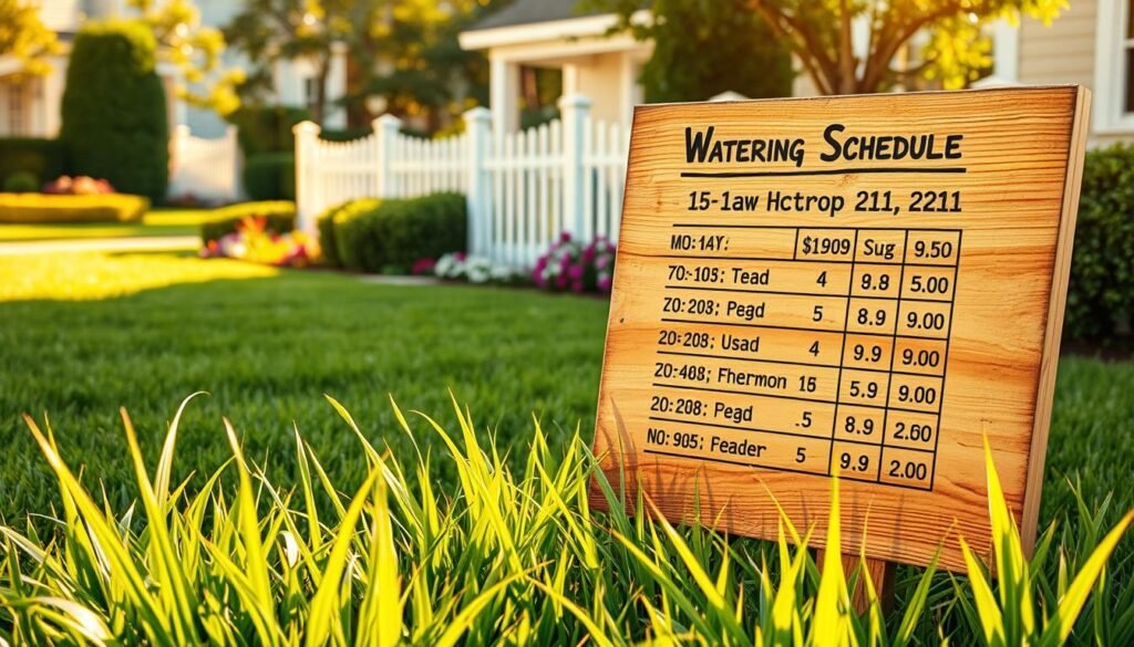 A lush, well-manicured lawn with a detailed watering schedule prominently displayed. The schedule is presented on a wooden plaque or sign, its surface weathered and distressed, casting warm, natural shadows. In the foreground, healthy, vibrant grass blades sway gently in a light breeze. The middle ground features neatly trimmed hedges and flowerbeds, while the background showcases a picturesque residential setting with a classic white picket fence. The scene is bathed in soft, golden afternoon sunlight, creating a tranquil, inviting atmosphere. A lush, well-manicured lawn with a detailed watering schedule prominently displayed. The schedule is presented on a wooden plaque or sign, its surface weathered and distressed, casting warm, natural shadows. In the foreground, healthy, vibrant grass blades sway gently in a light breeze. The middle ground features neatly trimmed hedges and flowerbeds, while the background showcases a picturesque residential setting with a classic white picket fence. The scene is bathed in soft, golden afternoon sunlight, creating a tranquil, inviting atmosphere.