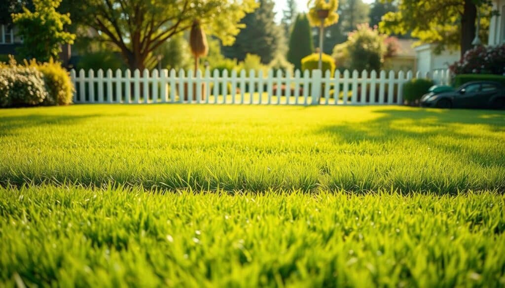 A meticulously crafted lawn care guide against a sunlit, verdant backdrop. In the foreground, a freshly mowed lawn with precise stripes, the blades of grass gently swaying. In the middle ground, a lush, healthy lawn awaiting its scheduled fertilization, the rich, dark soil visible beneath. In the background, a picket fence and a well-maintained garden, creating a harmonious suburban scene. The lighting is soft and natural, casting warm hues across the landscape. The angle is slightly elevated, providing a comprehensive view of the lawn care process. The overall mood is one of organization, productivity, and the pride of a well-cared-for outdoor space. A meticulously crafted lawn care guide against a sunlit, verdant backdrop. In the foreground, a freshly mowed lawn with precise stripes, the blades of grass gently swaying. In the middle ground, a lush, healthy lawn awaiting its scheduled fertilization, the rich, dark soil visible beneath. In the background, a picket fence and a well-maintained garden, creating a harmonious suburban scene. The lighting is soft and natural, casting warm hues across the landscape. The angle is slightly elevated, providing a comprehensive view of the lawn care process. The overall mood is one of organization, productivity, and the pride of a well-cared-for outdoor space.