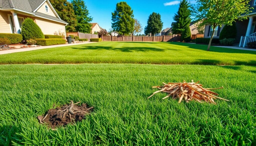 A neatly manicured lawn with a vibrant green carpet of grass. In the foreground, several common lawn care mistakes are visually depicted: an uneven mowing pattern, overwatered and waterlogged soil, a neglected weed patch, and a pile of clippings left on the surface. The middle ground showcases a well-maintained lawn, with a sharp edge along the sidewalk and a healthy, lush appearance. The background features a serene suburban setting, with a clear blue sky and a few mature trees providing a natural frame. The lighting is soft and warm, creating a welcoming atmosphere that emphasizes the importance of proper lawn care techniques. A neatly manicured lawn with a vibrant green carpet of grass. In the foreground, several common lawn care mistakes are visually depicted: an uneven mowing pattern, overwatered and waterlogged soil, a neglected weed patch, and a pile of clippings left on the surface. The middle ground showcases a well-maintained lawn, with a sharp edge along the sidewalk and a healthy, lush appearance. The background features a serene suburban setting, with a clear blue sky and a few mature trees providing a natural frame. The lighting is soft and warm, creating a welcoming atmosphere that emphasizes the importance of proper lawn care techniques.