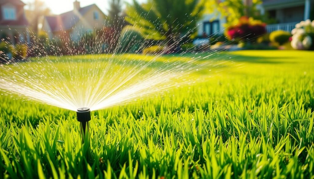 Lush green lawn, freshly mowed, glistening with water droplets. A gentle breeze blows across the vibrant grass, highlighting the verdant hues. In the foreground, a hand-held sprinkler system sprays a fine mist, nourishing the soil. Sunlight filters through wispy clouds, casting a warm, golden glow over the scene. The background features a tranquil suburban setting, with well-maintained homes and blooming flora. The overall impression is one of rejuvenation and healthy, thriving greenery - the benefits of watering a lawn after mowing.
