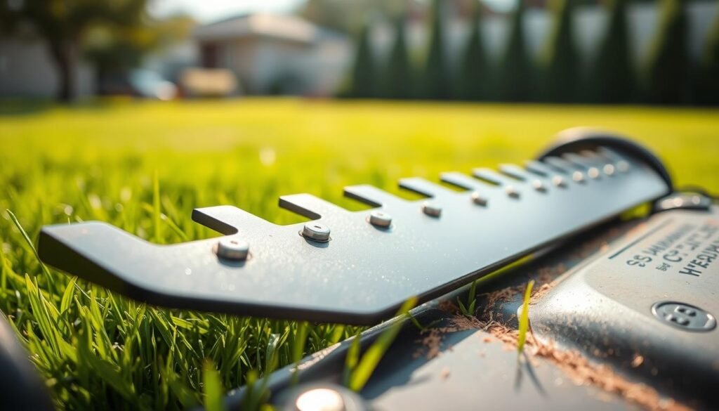 A close-up, high-resolution shot of sharp lawn mower blades undergoing maintenance. The blades are gleaming, freshly sharpened, and ready for action. The foreground is in focus, with the blades taking center stage against a blurred background of a well-manicured lawn. Soft, natural lighting illuminates the scene, casting a warm, inviting glow. The angle is slightly elevated, giving a bird's-eye view of the blades, emphasizing their precision and importance in achieving a perfect lawn. The overall mood is one of care, attention to detail, and a dedication to lawn care excellence. A close-up, high-resolution shot of sharp lawn mower blades undergoing maintenance. The blades are gleaming, freshly sharpened, and ready for action. The foreground is in focus, with the blades taking center stage against a blurred background of a well-manicured lawn. Soft, natural lighting illuminates the scene, casting a warm, inviting glow. The angle is slightly elevated, giving a bird's-eye view of the blades, emphasizing their precision and importance in achieving a perfect lawn. The overall mood is one of care, attention to detail, and a dedication to lawn care excellence.
