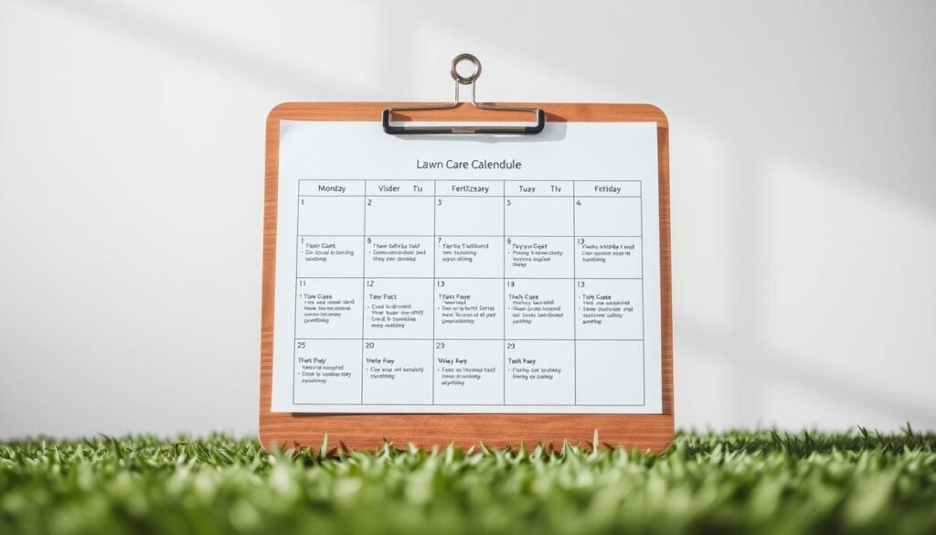 A crisp, clean lawn care calendar with a minimalist aesthetic, showcasing a weekly schedule for mowing, fertilizing, and other essential tasks. The calendar is displayed on a wooden clipboard against a soft, blurred background, creating a sense of organization and attention to detail. Subtle lighting from above casts gentle shadows, adding depth and texture to the scene. The overall mood is professional, informative, and visually appealing, perfectly suited to illustrate the "Scheduling Your Lawn Care Routine Effectively" section of the article.