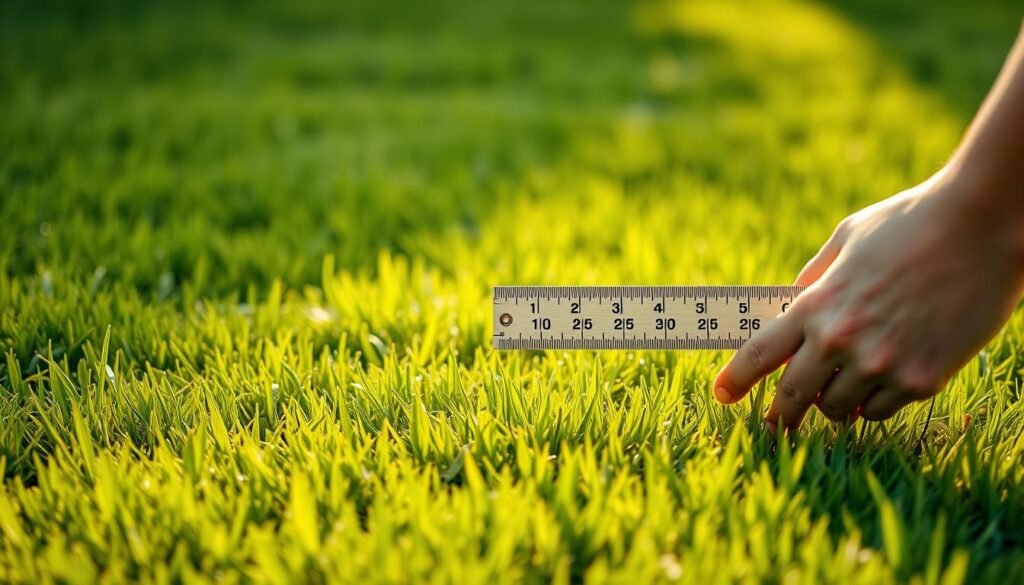 A freshly mowed lawn, the grass blades trimmed to a uniform height, gently catching the golden rays of the afternoon sun. In the foreground, a hand holds a ruler, carefully measuring the precise length of the newly cut grass. The background is a lush, verdant expanse, hinting at the care and attention lavished upon this well-manicured landscape. The image conveys a sense of pride and accomplishment, the result of a job well done in maintaining a healthy, thriving lawn. The composition is balanced, the lighting natural and inviting, drawing the viewer's eye to the central focus - the grass height measurement, a vital step in the overseeding process. A freshly mowed lawn, the grass blades trimmed to a uniform height, gently catching the golden rays of the afternoon sun. In the foreground, a hand holds a ruler, carefully measuring the precise length of the newly cut grass. The background is a lush, verdant expanse, hinting at the care and attention lavished upon this well-manicured landscape. The image conveys a sense of pride and accomplishment, the result of a job well done in maintaining a healthy, thriving lawn. The composition is balanced, the lighting natural and inviting, drawing the viewer's eye to the central focus - the grass height measurement, a vital step in the overseeding process.