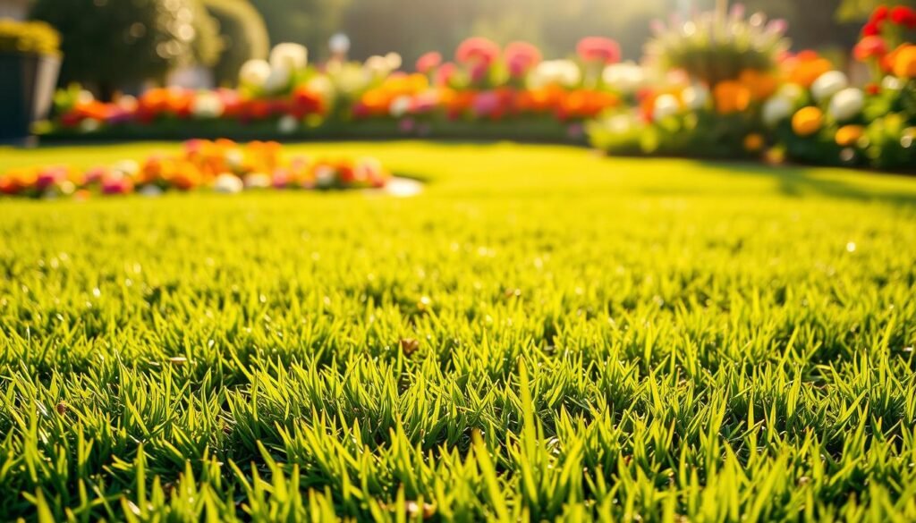 A freshly mowed lawn with lush, verdant sod, the blades of grass neatly trimmed and glistening in the warm afternoon sunlight. The foreground showcases the uniform, closely cropped surface, while the middle ground reveals the intricate pattern of the mowing lines. In the background, a picturesque scene unfolds, with vibrant flower beds and a well-tended garden providing a tranquil, natural backdrop. The scene conveys a sense of meticulous care and attention, the sod ready for its first mow, healthy and thriving, signaling the ideal timing for this important landscaping task.