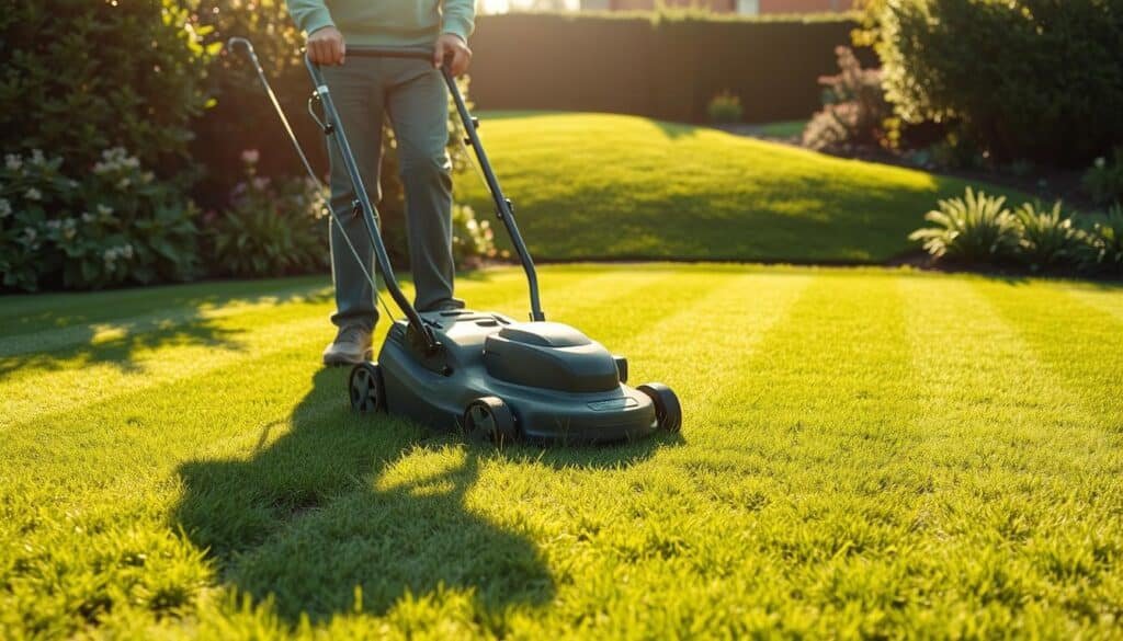 A lush, freshly overseeded lawn stretches out under a warm afternoon sun. In the foreground, a person in casual attire meticulously guides a modern lawn mower, its blades precisely trimming the new grass. The mowing pattern creates a visually appealing striped effect, showcasing the even, healthy growth of the lawn. In the middle ground, the lawn gently slopes, highlighting the uniform height and density of the overseeded turf. Surrounding the scene, a well-manicured garden frames the image, adding to the sense of a vibrant, thriving outdoor space. The lighting is soft and natural, casting subtle shadows that accentuate the texture and contours of the grass. The overall mood is one of calm, satisfaction, and a job well done in caring for an overseeded lawn. A lush, freshly overseeded lawn stretches out under a warm afternoon sun. In the foreground, a person in casual attire meticulously guides a modern lawn mower, its blades precisely trimming the new grass. The mowing pattern creates a visually appealing striped effect, showcasing the even, healthy growth of the lawn. In the middle ground, the lawn gently slopes, highlighting the uniform height and density of the overseeded turf. Surrounding the scene, a well-manicured garden frames the image, adding to the sense of a vibrant, thriving outdoor space. The lighting is soft and natural, casting subtle shadows that accentuate the texture and contours of the grass. The overall mood is one of calm, satisfaction, and a job well done in caring for an overseeded lawn.