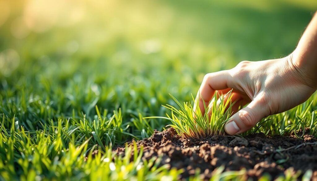 A lush green lawn, freshly laid sod, the soil gently parted to reveal the delicate root system. A hand gently probes the earth, testing the stability and resilience of the new growth. Soft, diffused sunlight filters through wispy clouds, casting a warm, natural glow over the scene. The camera captures this moment in time, the focus sharp on the root structure, the surrounding blades of grass slightly blurred, drawing the viewer's attention to the critical examination at hand. This image conveys the importance of understanding when newly laid sod is ready to be mowed, ensuring the health and longevity of the lawn. A lush green lawn, freshly laid sod, the soil gently parted to reveal the delicate root system. A hand gently probes the earth, testing the stability and resilience of the new growth. Soft, diffused sunlight filters through wispy clouds, casting a warm, natural glow over the scene. The camera captures this moment in time, the focus sharp on the root structure, the surrounding blades of grass slightly blurred, drawing the viewer's attention to the critical examination at hand. This image conveys the importance of understanding when newly laid sod is ready to be mowed, ensuring the health and longevity of the lawn.