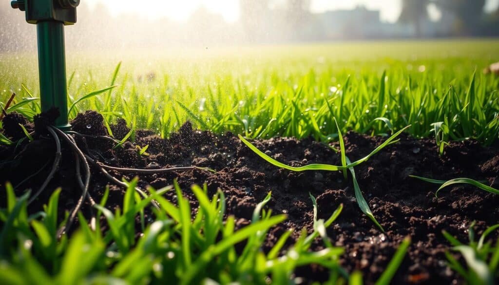 A lush green lawn, glistening with fresh water droplets, stretching out under a soft, diffused light. In the foreground, a close-up view of soil, dark and rich, with fingers of healthy roots intertwined. The middle ground reveals a sprinkler system, its gentle spray caressing the blades of grass, replenishing the earth's moisture. In the background, a hazy horizon, suggestive of a serene, tranquil atmosphere. The scene conveys the benefits of rehydration and soil moisture enhancement, essential for a thriving, verdant lawn. A lush green lawn, glistening with fresh water droplets, stretching out under a soft, diffused light. In the foreground, a close-up view of soil, dark and rich, with fingers of healthy roots intertwined. The middle ground reveals a sprinkler system, its gentle spray caressing the blades of grass, replenishing the earth's moisture. In the background, a hazy horizon, suggestive of a serene, tranquil atmosphere. The scene conveys the benefits of rehydration and soil moisture enhancement, essential for a thriving, verdant lawn.