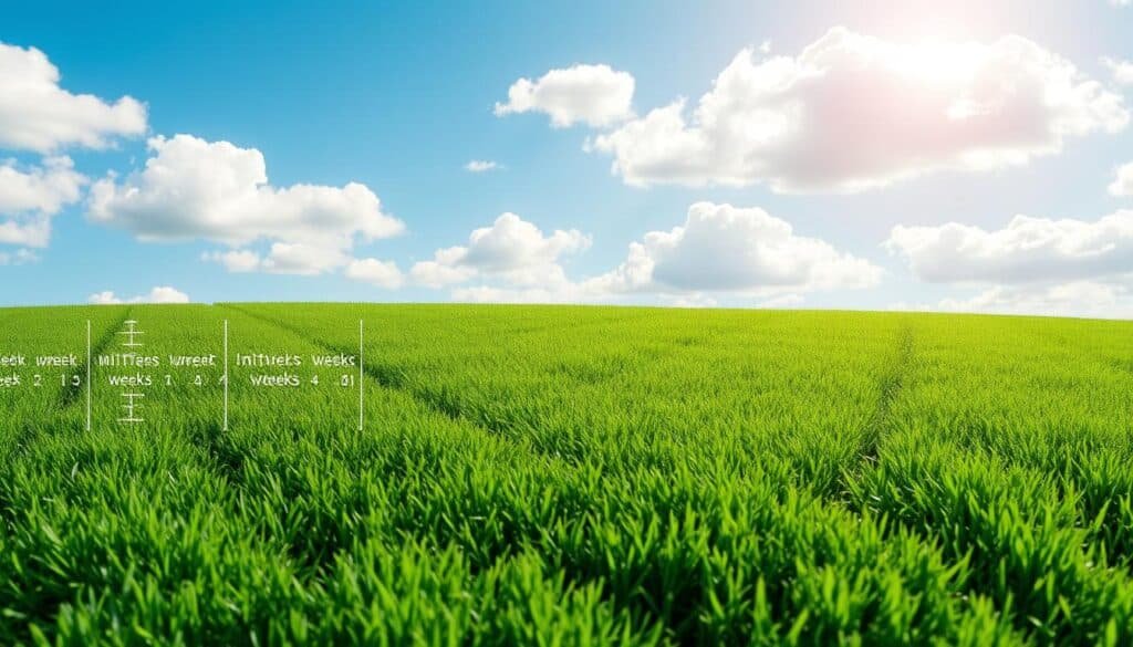 A lush green lawn under a warm summer sun, with a neatly mowed pattern of parallel lines in the foreground. In the middle ground, a ruler-like scale shows the recommended mowing intervals, ranging from 1 to 4 weeks, indicated by clear markings. The background features a serene blue sky with fluffy white clouds, creating a calming and informative composition. The lighting is natural and diffused, casting soft shadows that accentuate the textures of the grass. The camera angle is slightly elevated, giving a bird's-eye view that showcases the orderly and well-maintained lawn. A lush green lawn under a warm summer sun, with a neatly mowed pattern of parallel lines in the foreground. In the middle ground, a ruler-like scale shows the recommended mowing intervals, ranging from 1 to 4 weeks, indicated by clear markings. The background features a serene blue sky with fluffy white clouds, creating a calming and informative composition. The lighting is natural and diffused, casting soft shadows that accentuate the textures of the grass. The camera angle is slightly elevated, giving a bird's-eye view that showcases the orderly and well-maintained lawn.