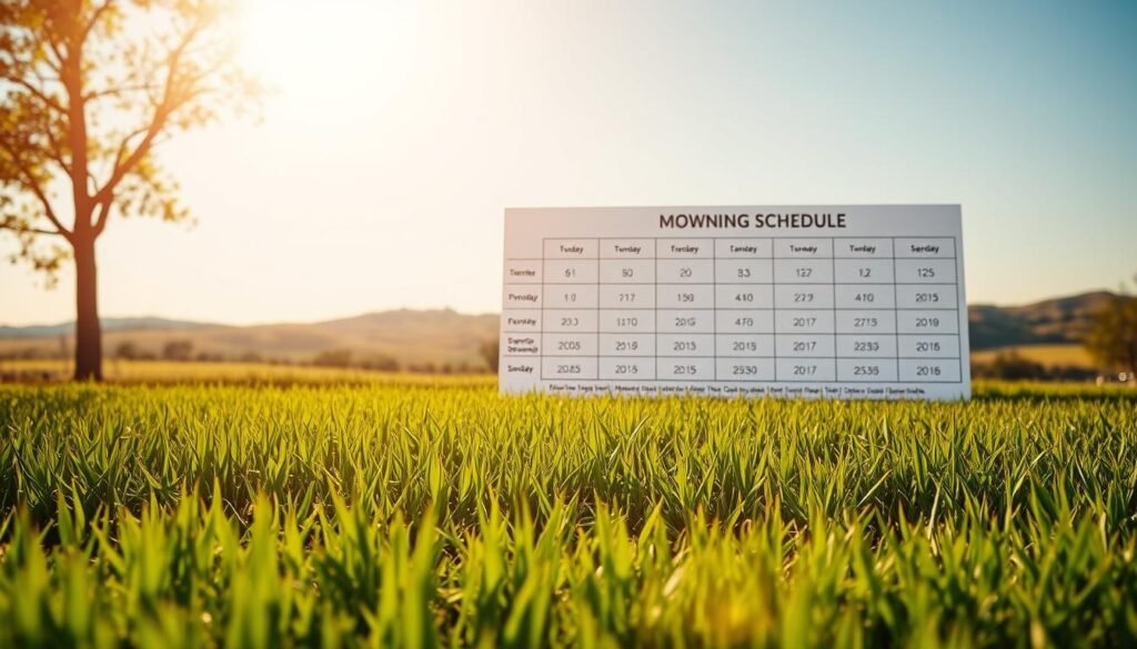A lush, verdant Texas lawn under a warm, golden sunlight. In the foreground, a meticulously maintained lawn, with blades of grass neatly trimmed to an even height. In the middle ground, a detailed mowing schedule chart, outlining the optimal mowing times and frequencies for different seasons. The background features a picturesque Texas landscape, with rolling hills and a clear, azure sky. The overall scene conveys a sense of order, productivity, and the pride of a well-cared-for outdoor space. Captured with a wide-angle lens to provide a comprehensive view, and lit by natural, soft illumination to enhance the vibrant colors and textures. A lush, verdant Texas lawn under a warm, golden sunlight. In the foreground, a meticulously maintained lawn, with blades of grass neatly trimmed to an even height. In the middle ground, a detailed mowing schedule chart, outlining the optimal mowing times and frequencies for different seasons. The background features a picturesque Texas landscape, with rolling hills and a clear, azure sky. The overall scene conveys a sense of order, productivity, and the pride of a well-cared-for outdoor space. Captured with a wide-angle lens to provide a comprehensive view, and lit by natural, soft illumination to enhance the vibrant colors and textures.