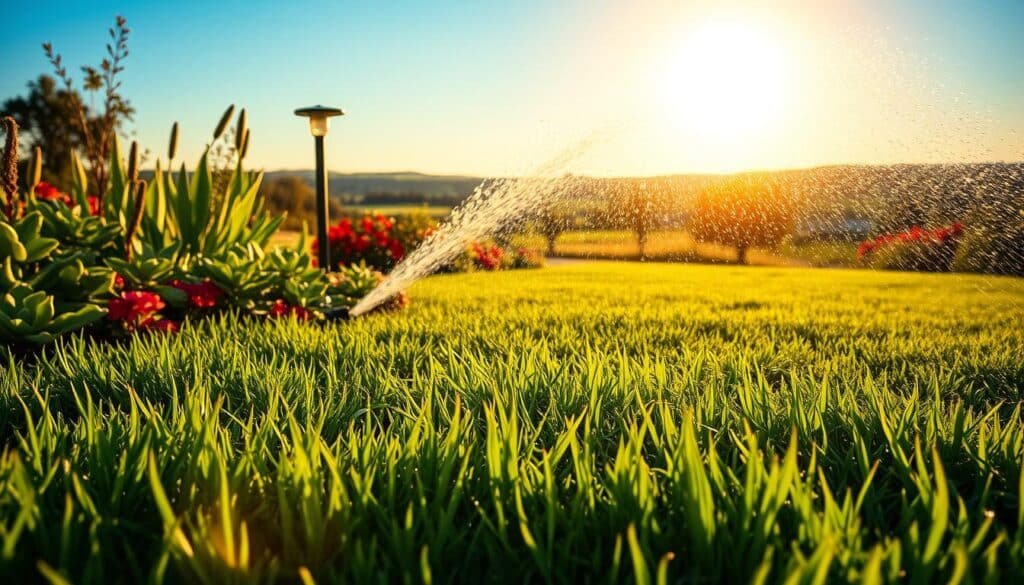 A lush, verdant lawn bathed in warm, golden sunlight. In the foreground, freshly mowed grass glistens with dewdrops, surrounded by thriving plants and vibrant blooms. The mid-ground showcases a sprinkler system, its water arcing gracefully over the lawn, nourishing the soil. In the background, a picturesque countryside landscape unfolds, with rolling hills and a clear, blue sky. The scene emanates a sense of tranquility and rejuvenation, highlighting the benefits of watering a lawn after mowing for optimal growth and healthy, thriving greenery. A lush, verdant lawn bathed in warm, golden sunlight. In the foreground, freshly mowed grass glistens with dewdrops, surrounded by thriving plants and vibrant blooms. The mid-ground showcases a sprinkler system, its water arcing gracefully over the lawn, nourishing the soil. In the background, a picturesque countryside landscape unfolds, with rolling hills and a clear, blue sky. The scene emanates a sense of tranquility and rejuvenation, highlighting the benefits of watering a lawn after mowing for optimal growth and healthy, thriving greenery.