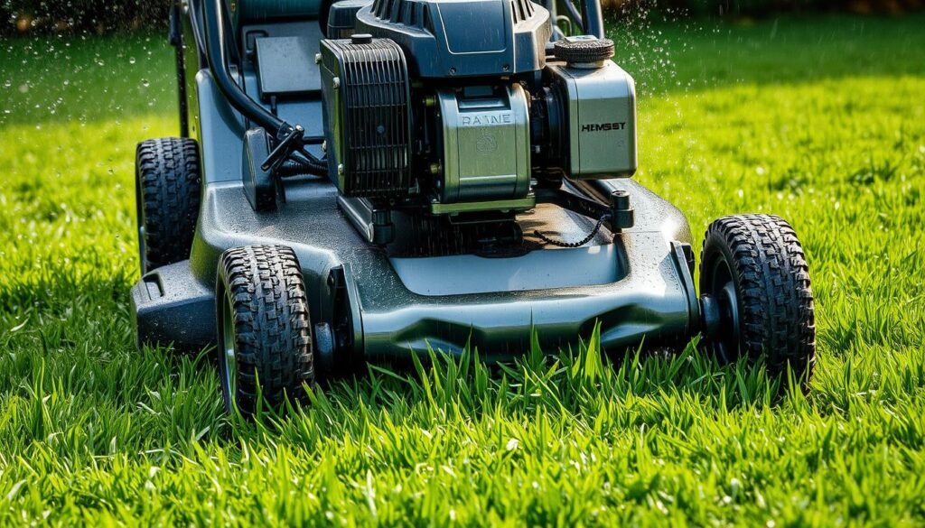 A lush, verdant lawn glistening with fresh raindrops. A powerful lawn mower, its blades slicing through the wet grass with precision and power. The machine's engine rumbles steadily, its metal chassis gleaming in the soft, diffused light. Droplets of water fly through the air as the mower's wheels churn through the saturated soil, leaving behind a neatly trimmed, carpet-like surface. The scene conveys a sense of both productivity and tranquility, as the mower navigates the challenges posed by the wet conditions with unwavering efficiency. A lush, verdant lawn glistening with fresh raindrops. A powerful lawn mower, its blades slicing through the wet grass with precision and power. The machine's engine rumbles steadily, its metal chassis gleaming in the soft, diffused light. Droplets of water fly through the air as the mower's wheels churn through the saturated soil, leaving behind a neatly trimmed, carpet-like surface. The scene conveys a sense of both productivity and tranquility, as the mower navigates the challenges posed by the wet conditions with unwavering efficiency.