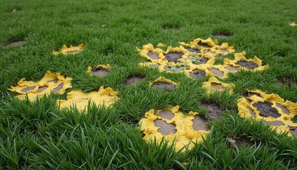 A lush, verdant lawn lies before the viewer, its surface marred by unsightly discoloration and distortion. In the foreground, patches of yellowed, wilted grass stand in stark contrast to the healthy, vibrant greenery surrounding them. Closer inspection reveals telltale signs of fungal disease, with a web-like pattern of necrotic tissue spreading across the affected areas. The middle ground showcases a mix of healthy and diseased blades, some bent and matted, others standing tall and proud. In the background, the lawn's texture appears uneven, with bumps and divots where the soil has become compacted and waterlogged from excessive moisture. Soft, diffuse lighting casts a somber tone, highlighting the ravages of mowing wet grass and the toll it has taken on this once-pristine landscape.