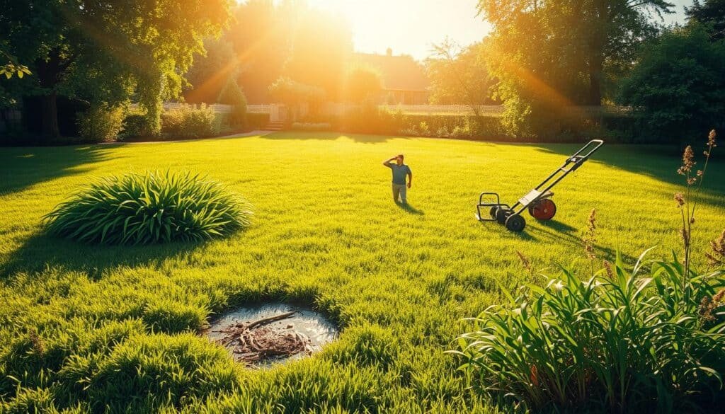A lush, verdant lawn serves as the backdrop, illuminated by warm, golden sunlight filtering through wispy clouds. In the foreground, an array of common lawn care mistakes are depicted in vivid detail: an overgrown, shaggy patch of grass; a bald, dry spot from over-mowing; a puddle of standing water indicating poor drainage; and a tangle of weeds encroaching on the well-manicured turf. The middle ground features a homeowner scratching their head in contemplation, surrounded by gardening tools and a lawn aerator, hinting at potential solutions to these lawn care conundrums. The overall scene conveys a sense of both problem and potential resolution, setting the stage for the article's "Troubleshooting and Avoiding Common Lawn Care Mistakes" section. A lush, verdant lawn serves as the backdrop, illuminated by warm, golden sunlight filtering through wispy clouds. In the foreground, an array of common lawn care mistakes are depicted in vivid detail: an overgrown, shaggy patch of grass; a bald, dry spot from over-mowing; a puddle of standing water indicating poor drainage; and a tangle of weeds encroaching on the well-manicured turf. The middle ground features a homeowner scratching their head in contemplation, surrounded by gardening tools and a lawn aerator, hinting at potential solutions to these lawn care conundrums. The overall scene conveys a sense of both problem and potential resolution, setting the stage for the article's "Troubleshooting and Avoiding Common Lawn Care Mistakes" section.