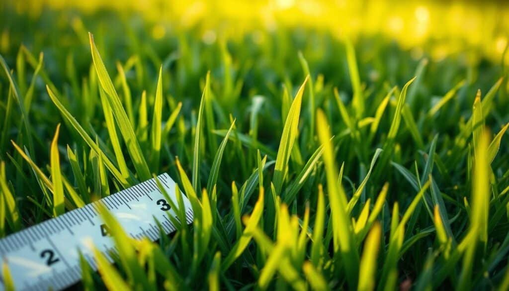A lush, verdant lawn with fresh, vibrant grass blades, recently overseeded. The camera focuses on a ruler or measuring stick, capturing the precise height of the newly grown grass, ranging from 2 to 4 inches tall. Warm, natural lighting casts a soft, golden glow, highlighting the delicate texture and subtle variations in the grass. The background is slightly blurred, drawing attention to the central measurement. The overall scene conveys a sense of orderly, well-maintained growth, reflecting the optimal waiting period before mowing after overseeding. A lush, verdant lawn with fresh, vibrant grass blades, recently overseeded. The camera focuses on a ruler or measuring stick, capturing the precise height of the newly grown grass, ranging from 2 to 4 inches tall. Warm, natural lighting casts a soft, golden glow, highlighting the delicate texture and subtle variations in the grass. The background is slightly blurred, drawing attention to the central measurement. The overall scene conveys a sense of orderly, well-maintained growth, reflecting the optimal waiting period before mowing after overseeding.