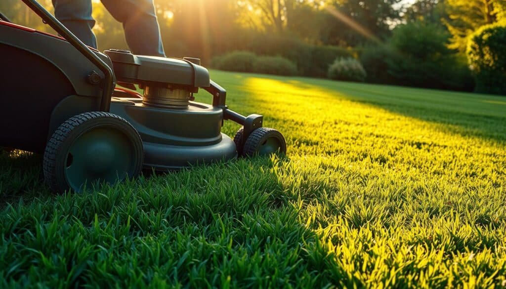 A lush, verdant lawn with freshly laid sod, being carefully mowed with a sharp, well-maintained lawn mower. The mower operator follows the one-third rule, cutting no more than a third of the blade height to ensure the new grass takes hold and establishes deep, healthy roots. Warm, golden sunlight filters through wispy clouds, casting a soft, natural glow across the scene. The mower's blades glide smoothly over the ground, leaving a precisely trimmed, uniform surface in its wake. The overall atmosphere is one of diligent care and attention, with the goal of nurturing the new sod into a thriving, resilient lawn. A lush, verdant lawn with freshly laid sod, being carefully mowed with a sharp, well-maintained lawn mower. The mower operator follows the one-third rule, cutting no more than a third of the blade height to ensure the new grass takes hold and establishes deep, healthy roots. Warm, golden sunlight filters through wispy clouds, casting a soft, natural glow across the scene. The mower's blades glide smoothly over the ground, leaving a precisely trimmed, uniform surface in its wake. The overall atmosphere is one of diligent care and attention, with the goal of nurturing the new sod into a thriving, resilient lawn.