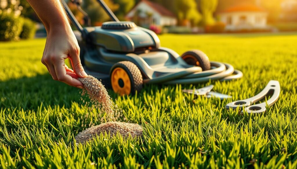 A lush, verdant lawn with vibrant green grass blades, freshly mowed and neatly trimmed. In the foreground, a gardener's hand gently applies a granular fertilizer, the grains cascading onto the soil. The midground features an array of gardening tools, including a sturdy lawnmower, a hose, and a pair of shears, all arranged in an orderly fashion. The background showcases a picturesque garden setting, with blooming flowers and a well-maintained landscape, bathed in warm, golden-hour lighting. The scene conveys a sense of expertise, attention to detail, and a commitment to creating a beautiful, healthy lawn. A lush, verdant lawn with vibrant green grass blades, freshly mowed and neatly trimmed. In the foreground, a gardener's hand gently applies a granular fertilizer, the grains cascading onto the soil. The midground features an array of gardening tools, including a sturdy lawnmower, a hose, and a pair of shears, all arranged in an orderly fashion. The background showcases a picturesque garden setting, with blooming flowers and a well-maintained landscape, bathed in warm, golden-hour lighting. The scene conveys a sense of expertise, attention to detail, and a commitment to creating a beautiful, healthy lawn.