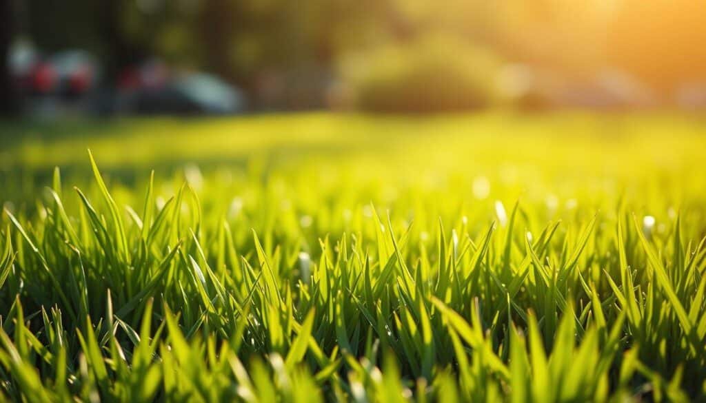 A lush, verdant lawn with vibrant, thick blades of grass in the foreground, the blades slightly taller and more luxuriant than a typical mowed lawn. In the middle ground, the grass has a subtle gradient in height, with some areas slightly longer and others slightly shorter, creating a natural, undulating pattern. The background features a soft, hazy bokeh effect, giving the scene a sense of depth and focus on the foreground. The lighting is warm and natural, casting a gentle glow on the grass, and the overall mood is one of healthy, thriving growth after a recent fertilization application. A lush, verdant lawn with vibrant, thick blades of grass in the foreground, the blades slightly taller and more luxuriant than a typical mowed lawn. In the middle ground, the grass has a subtle gradient in height, with some areas slightly longer and others slightly shorter, creating a natural, undulating pattern. The background features a soft, hazy bokeh effect, giving the scene a sense of depth and focus on the foreground. The lighting is warm and natural, casting a gentle glow on the grass, and the overall mood is one of healthy, thriving growth after a recent fertilization application.