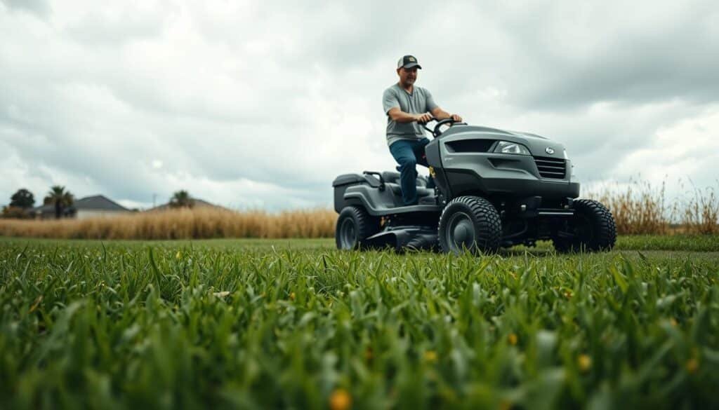 A lush, vibrant lawn stretches across the foreground, its blades of grass gently swaying in the breeze. In the middle ground, a groundskeeper carefully pushes a sleek, modern lawn mower, expertly navigating the changing terrain and adjusting the cutting height to accommodate the varying grass types. The background features a cloudy, overcast sky, hinting at the unpredictable Texas weather that necessitates adapting the mowing schedule. The overall scene conveys a sense of diligence, attention to detail, and a harmonious integration of nature and human care. A lush, vibrant lawn stretches across the foreground, its blades of grass gently swaying in the breeze. In the middle ground, a groundskeeper carefully pushes a sleek, modern lawn mower, expertly navigating the changing terrain and adjusting the cutting height to accommodate the varying grass types. The background features a cloudy, overcast sky, hinting at the unpredictable Texas weather that necessitates adapting the mowing schedule. The overall scene conveys a sense of diligence, attention to detail, and a harmonious integration of nature and human care.