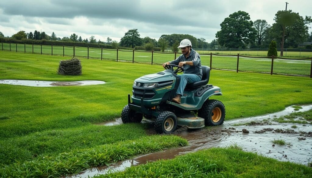 A lush, well-manicured lawn glistens with beads of rainwater under an overcast sky. In the foreground, a person in safety gear navigates a riding lawn mower, their expression cautious as they carefully maneuver the slippery terrain. Muddy patches and pooling water pose obstacles, creating an atmosphere of heightened awareness and potential danger. The mid-ground features a stack of freshly mowed grass clippings, a reminder of the task at hand. Distant trees and a fence line provide a sense of depth and context, emphasizing the outdoor setting. Soft, diffused lighting casts long shadows, heightening the dramatic mood and underscoring the risks of mowing wet grass.