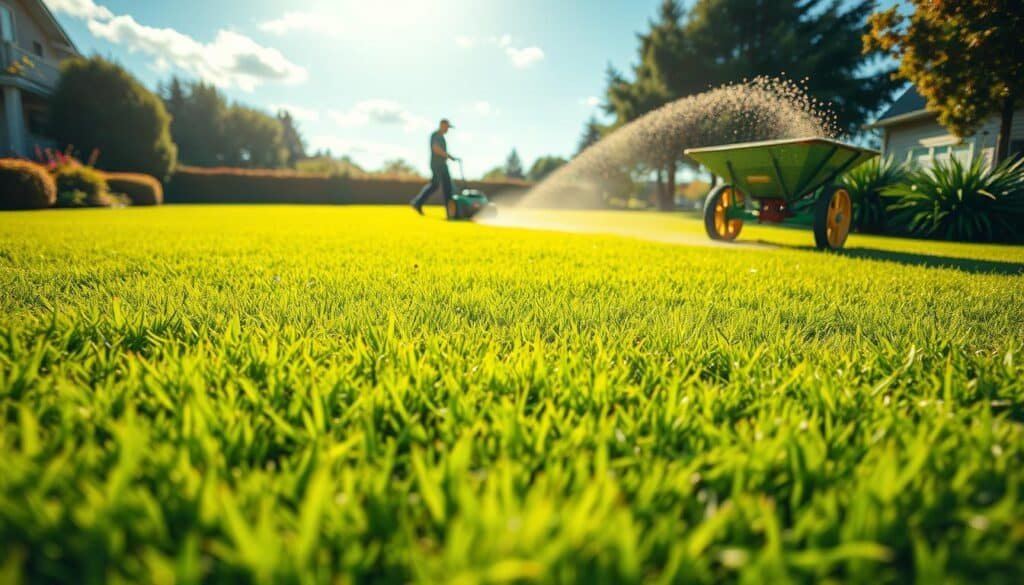 A lush, well-manicured lawn under a bright, cloudless sky. In the foreground, a freshly mowed section with crisp, even stripes. In the middle ground, a person pushing a lawn mower, capturing the ideal timing for mowing. In the background, a spreader evenly distributing granular fertilizer, showcasing the perfect synchronization between mowing and fertilizing for optimal lawn health and appearance. The scene is bathed in warm, golden sunlight, creating a serene, inviting atmosphere. The camera angle is slightly elevated, providing a comprehensive view of the harmonious lawn care process. A lush, well-manicured lawn under a bright, cloudless sky. In the foreground, a freshly mowed section with crisp, even stripes. In the middle ground, a person pushing a lawn mower, capturing the ideal timing for mowing. In the background, a spreader evenly distributing granular fertilizer, showcasing the perfect synchronization between mowing and fertilizing for optimal lawn health and appearance. The scene is bathed in warm, golden sunlight, creating a serene, inviting atmosphere. The camera angle is slightly elevated, providing a comprehensive view of the harmonious lawn care process.