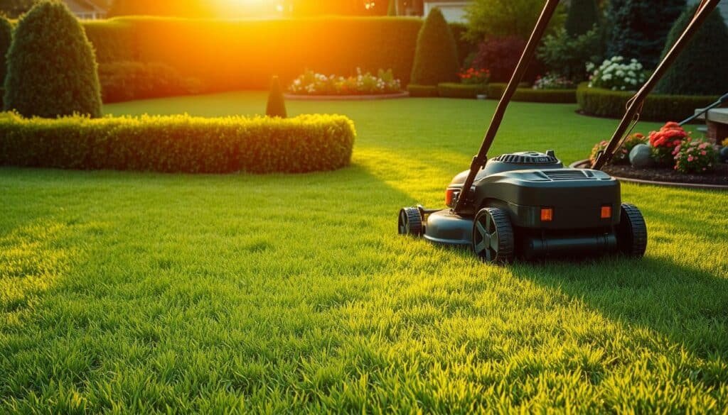 A lush, well-manicured lawn with a vibrant green hue under warm, golden hour lighting. In the foreground, a lawn mower is meticulously pushing through the grass, leaving behind neatly trimmed blades. The middle ground showcases a carefully pruned hedge, framing the scene. In the background, a picturesque garden with colorful flowers and neatly edged borders completes the idyllic landscape. The scene conveys a sense of order, attention to detail, and a commitment to lawn care best practices, emphasizing the importance of proper mowing before fertilization for optimal lawn health and appearance. A lush, well-manicured lawn with a vibrant green hue under warm, golden hour lighting. In the foreground, a lawn mower is meticulously pushing through the grass, leaving behind neatly trimmed blades. The middle ground showcases a carefully pruned hedge, framing the scene. In the background, a picturesque garden with colorful flowers and neatly edged borders completes the idyllic landscape. The scene conveys a sense of order, attention to detail, and a commitment to lawn care best practices, emphasizing the importance of proper mowing before fertilization for optimal lawn health and appearance.
