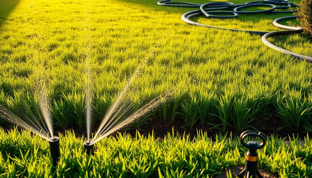 A lush, well-manicured lawn with an intricate irrigation system and fertilizer dispersal. In the foreground, an array of sprinkler heads emerge from the soil, delivering a gentle mist of water. The middle ground features a vibrant green carpet of freshly mowed grass, its blades gently swaying in a soft breeze. In the background, a network of hoses and pipes snakes through the earth, delivering nutrients and hydration to the lawn. The scene is bathed in warm, golden sunlight, creating a serene and inviting atmosphere. A professional, high-quality image captured with a wide-angle lens to showcase the comprehensive lawn care system. A lush, well-manicured lawn with an intricate irrigation system and fertilizer dispersal. In the foreground, an array of sprinkler heads emerge from the soil, delivering a gentle mist of water. The middle ground features a vibrant green carpet of freshly mowed grass, its blades gently swaying in a soft breeze. In the background, a network of hoses and pipes snakes through the earth, delivering nutrients and hydration to the lawn. The scene is bathed in warm, golden sunlight, creating a serene and inviting atmosphere. A professional, high-quality image captured with a wide-angle lens to showcase the comprehensive lawn care system.
