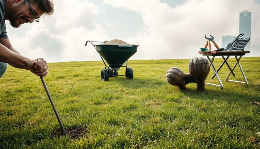 A lush, well-manicured lawn with patches of discoloration and sparse growth. In the foreground, a person crouches down, examining the soil with a soil probe, a puzzled expression on their face. The middle ground features a spreader filled with granular fertilizer, its wheels partially sunken into the uneven terrain. In the background, a set of garden tools - a rake, a pair of shears, and a hand trowel - are neatly arranged on a small workbench. Soft, natural lighting filters through wispy clouds, casting a warm, contemplative atmosphere over the scene. The overall mood conveys the thoughtful process of troubleshooting lawn care challenges. A lush, well-manicured lawn with patches of discoloration and sparse growth. In the foreground, a person crouches down, examining the soil with a soil probe, a puzzled expression on their face. The middle ground features a spreader filled with granular fertilizer, its wheels partially sunken into the uneven terrain. In the background, a set of garden tools - a rake, a pair of shears, and a hand trowel - are neatly arranged on a small workbench. Soft, natural lighting filters through wispy clouds, casting a warm, contemplative atmosphere over the scene. The overall mood conveys the thoughtful process of troubleshooting lawn care challenges.