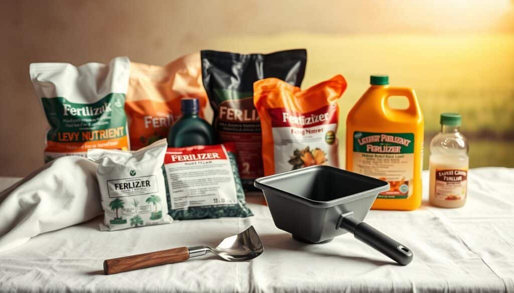 A meticulously arranged still life showcasing a selection of fertilizer products, their packaging, and application tools. The foreground features various fertilizer bags and bottles, their labels highlighting the key nutrients and application rates. In the middle ground, a small hand-held spreader and a garden trowel sit atop a crisp white tablecloth, conveying the tools required for proper fertilizer application. The background depicts a soft, out-of-focus natural landscape, suggesting the ideal outdoor setting for lawn care. The lighting is warm and diffused, creating a sense of professionalism and expertise. The overall composition and attention to detail evoke a comprehensive understanding of the diverse fertilizer types and their impact on the optimal timing for mowing a freshly fertilized lawn. A meticulously arranged still life showcasing a selection of fertilizer products, their packaging, and application tools. The foreground features various fertilizer bags and bottles, their labels highlighting the key nutrients and application rates. In the middle ground, a small hand-held spreader and a garden trowel sit atop a crisp white tablecloth, conveying the tools required for proper fertilizer application. The background depicts a soft, out-of-focus natural landscape, suggesting the ideal outdoor setting for lawn care. The lighting is warm and diffused, creating a sense of professionalism and expertise. The overall composition and attention to detail evoke a comprehensive understanding of the diverse fertilizer types and their impact on the optimal timing for mowing a freshly fertilized lawn.