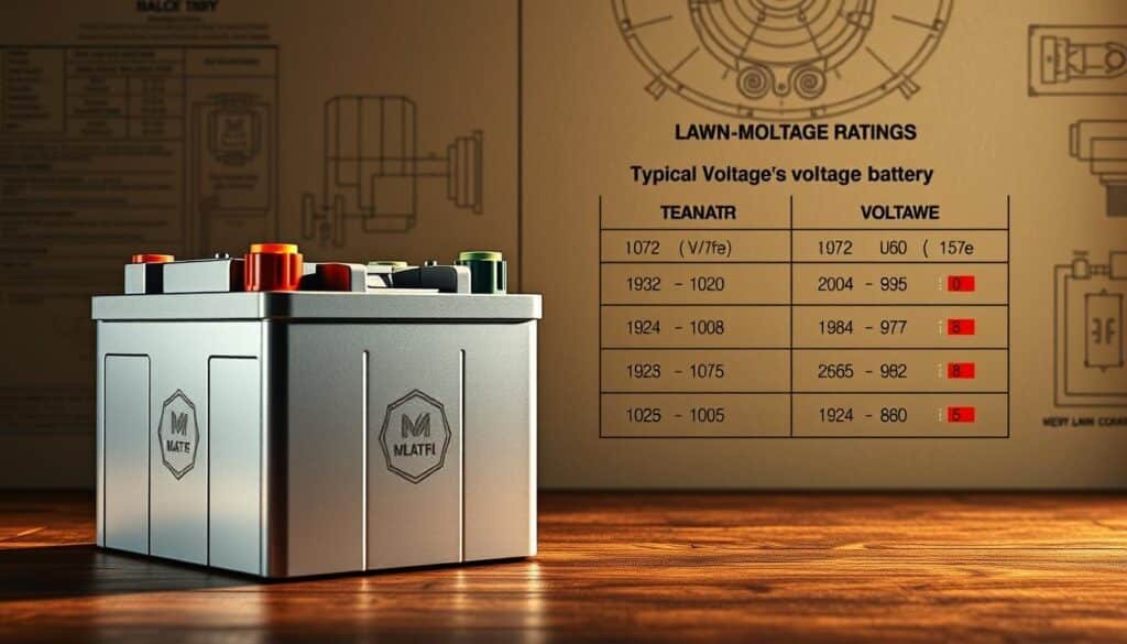 A meticulously detailed diagram showcasing the standard voltage ratings for lawn mower batteries. In the foreground, a sleek, modern battery unit is prominently displayed, its silver casing and bold terminal connectors captured in crisp, high-resolution detail. The middle ground features a clear, technical breakdown of the typical voltage ranges, with precise numerical values and color-coded indicators. The background subtly blends diagrams, schematics, and textured surfaces to create a sense of authority and technical expertise. Warm, directional lighting casts subtle shadows, emphasizing the three-dimensional nature of the components. The overall composition strikes a balance between form and function, creating a visually striking yet informative illustration. A meticulously detailed diagram showcasing the standard voltage ratings for lawn mower batteries. In the foreground, a sleek, modern battery unit is prominently displayed, its silver casing and bold terminal connectors captured in crisp, high-resolution detail. The middle ground features a clear, technical breakdown of the typical voltage ranges, with precise numerical values and color-coded indicators. The background subtly blends diagrams, schematics, and textured surfaces to create a sense of authority and technical expertise. Warm, directional lighting casts subtle shadows, emphasizing the three-dimensional nature of the components. The overall composition strikes a balance between form and function, creating a visually striking yet informative illustration.