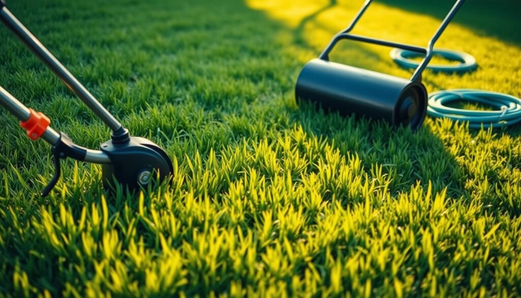A neatly manicured lawn, freshly mowed, with lush green grass gently swaying in the soft breeze. In the foreground, a hand-held lawn edger trims the edges, creating crisp lines that define the lawn's boundaries. The midground showcases a push-behind lawn roller, smoothing out any uneven areas and compacting the soil to promote healthy growth. In the background, a garden hose coils neatly, ready to provide the necessary hydration for the lawn's recovery after mowing. The scene is bathed in warm, golden sunlight, casting long shadows and creating a serene, inviting atmosphere, reflecting the care and attention needed for a thriving post-mowed lawn.