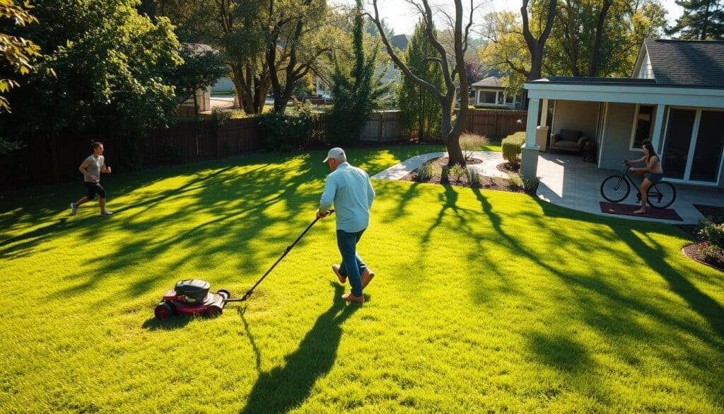 A serene and sun-dappled backyard, with a lush green lawn taking center stage. In the foreground, a person diligently mowing the grass, their movements graceful and efficient. Surrounding them, a visual comparison of various physical activities, each represented by a person engaged in their respective exercise. A jogger in the distance, a cyclist navigating a winding path, and a group of people performing yoga poses on the patio. The lighting is soft and natural, casting warm shadows that highlight the physicality of each activity. The overall scene conveys a sense of balance, inviting the viewer to consider the caloric expenditure and health benefits of lawn mowing in relation to other common forms of exercise. A serene and sun-dappled backyard, with a lush green lawn taking center stage. In the foreground, a person diligently mowing the grass, their movements graceful and efficient. Surrounding them, a visual comparison of various physical activities, each represented by a person engaged in their respective exercise. A jogger in the distance, a cyclist navigating a winding path, and a group of people performing yoga poses on the patio. The lighting is soft and natural, casting warm shadows that highlight the physicality of each activity. The overall scene conveys a sense of balance, inviting the viewer to consider the caloric expenditure and health benefits of lawn mowing in relation to other common forms of exercise.