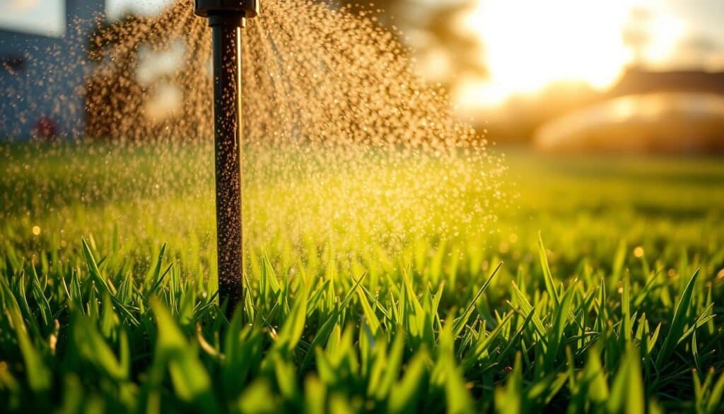 A tranquil scene of early morning lawn watering. A lush green lawn glistens with dew as a sprinkler system slowly rotates, casting a gentle mist over the grass. Warm, golden sunlight filters through wispy clouds, creating a serene, peaceful atmosphere. The camera captures a close-up view, showcasing the intricate patterns of the water droplets and the vibrant, healthy blades of grass. The composition emphasizes the rhythmic motion of the sprinkler, conveying the effortless flow of the water and the rejuvenating process of morning lawn care. This image perfectly encapsulates the optimal timing and techniques for watering a lawn to promote optimal growth and vigor. A tranquil scene of early morning lawn watering. A lush green lawn glistens with dew as a sprinkler system slowly rotates, casting a gentle mist over the grass. Warm, golden sunlight filters through wispy clouds, creating a serene, peaceful atmosphere. The camera captures a close-up view, showcasing the intricate patterns of the water droplets and the vibrant, healthy blades of grass. The composition emphasizes the rhythmic motion of the sprinkler, conveying the effortless flow of the water and the rejuvenating process of morning lawn care. This image perfectly encapsulates the optimal timing and techniques for watering a lawn to promote optimal growth and vigor.