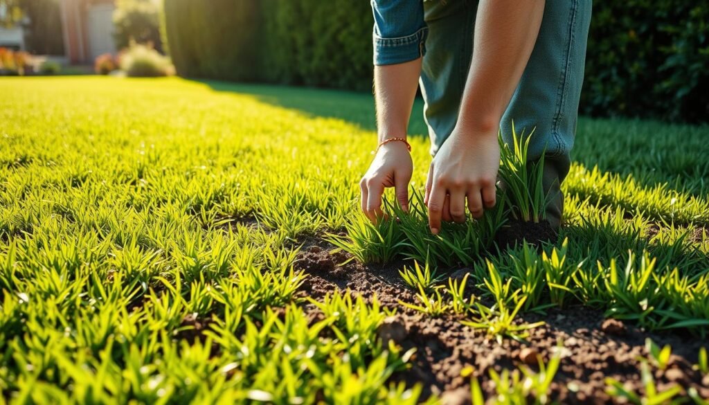 A verdant lawn, lush and freshly laid, is the backdrop. In the foreground, a person in work attire carefully tugs at the sod, testing its readiness. The sun casts a warm, natural light, highlighting the texture of the soil and the vibrant green hues of the grass. The camera angle is slightly elevated, capturing the scene with a sense of observation and study. The atmosphere conveys a sense of diligence and evaluation, as the person examines the sod to determine the optimal time for the first mowing. The image aims to illustrate the critical step of assessing sod readiness before the initial cut, a crucial consideration for the healthy establishment of the new lawn. A verdant lawn, lush and freshly laid, is the backdrop. In the foreground, a person in work attire carefully tugs at the sod, testing its readiness. The sun casts a warm, natural light, highlighting the texture of the soil and the vibrant green hues of the grass. The camera angle is slightly elevated, capturing the scene with a sense of observation and study. The atmosphere conveys a sense of diligence and evaluation, as the person examines the sod to determine the optimal time for the first mowing. The image aims to illustrate the critical step of assessing sod readiness before the initial cut, a crucial consideration for the healthy establishment of the new lawn.