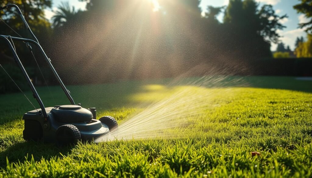 A vibrant, lush green lawn, the soil freshly overseeded, glistening with morning dew. A sprinkler system sprays a gentle, cascading mist across the grass, nourishing the delicate new growth. The sun shines brightly through wispy clouds, casting a warm, golden glow over the scene. In the foreground, a well-maintained lawn mower stands ready, its blades gleaming, waiting to be used once the overseeded grass has had time to establish its roots. The overall atmosphere is one of tranquility and care, a serene setting where the homeowner can observe the progress of their lawn restoration efforts. A vibrant, lush green lawn, the soil freshly overseeded, glistening with morning dew. A sprinkler system sprays a gentle, cascading mist across the grass, nourishing the delicate new growth. The sun shines brightly through wispy clouds, casting a warm, golden glow over the scene. In the foreground, a well-maintained lawn mower stands ready, its blades gleaming, waiting to be used once the overseeded grass has had time to establish its roots. The overall atmosphere is one of tranquility and care, a serene setting where the homeowner can observe the progress of their lawn restoration efforts.