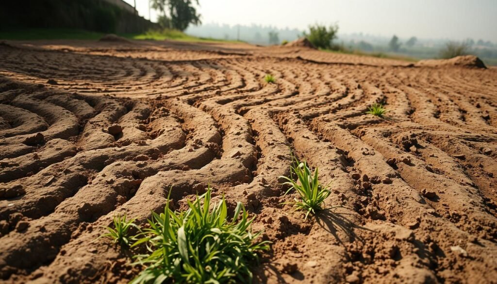 A weathered, compacted soil surface, with distinct ruts and depressions formed by heavy foot or vehicle traffic. The ground appears mottled and slightly discolored, reflecting the disruption to the natural soil structure. Sunlight casts long shadows, accentuating the undulating terrain. In the foreground, clumps of grass and weeds struggle to take root, their growth stunted by the dense, unyielding soil. The background fades into a hazy, overcast sky, conveying a sense of neglect and environmental stress. The overall scene evokes a sense of poor soil health and diminished lawn quality. A weathered, compacted soil surface, with distinct ruts and depressions formed by heavy foot or vehicle traffic. The ground appears mottled and slightly discolored, reflecting the disruption to the natural soil structure. Sunlight casts long shadows, accentuating the undulating terrain. In the foreground, clumps of grass and weeds struggle to take root, their growth stunted by the dense, unyielding soil. The background fades into a hazy, overcast sky, conveying a sense of neglect and environmental stress. The overall scene evokes a sense of poor soil health and diminished lawn quality.