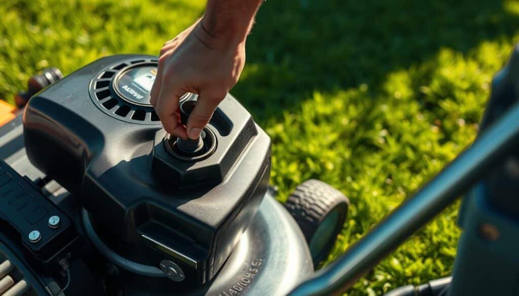 A well-lit closeup of a person's hands checking the oil dipstick of a lawn mower engine, set against a backdrop of a neatly trimmed green lawn. The mower is positioned in the middle ground, its shiny chrome and black details gleaming in the sunlight. The lighting is warm and natural, casting soft shadows that accentuate the mechanical components. The overall scene conveys a sense of care and attention to maintaining the lawn mower for optimal performance.