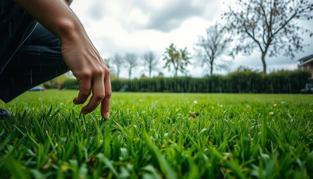 A well-lit garden scene after a gentle rain. In the foreground, a person crouches down to closely inspect the lush, verdant grass, running their fingers through the blades to assess the moisture content. The middle ground shows the freshly dampened lawn, with scattered puddles reflecting the cloudy sky above. In the background, a line of trees sway lightly in a cool breeze, their leaves glistening with recent precipitation. The overall mood is one of contemplation and careful evaluation, as the person determines the optimal time to mow this revitalized greenery.