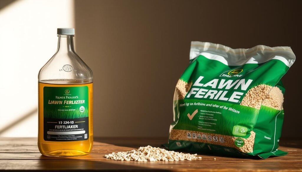 A well-lit, high-resolution photographic still-life scene depicting two types of lawn fertilizer: a transparent bottle of liquid fertilizer and a bag of granular fertilizer. The items are arranged on a wooden table, with the bottle and bag positioned side-by-side, creating a visual comparison. Soft, natural lighting casts subtle shadows, highlighting the distinct textures and forms of the two fertilizer products. The overall composition emphasizes the contrast between the liquid and granular formulations, inviting the viewer to consider their differences and potential applications for lawn care.