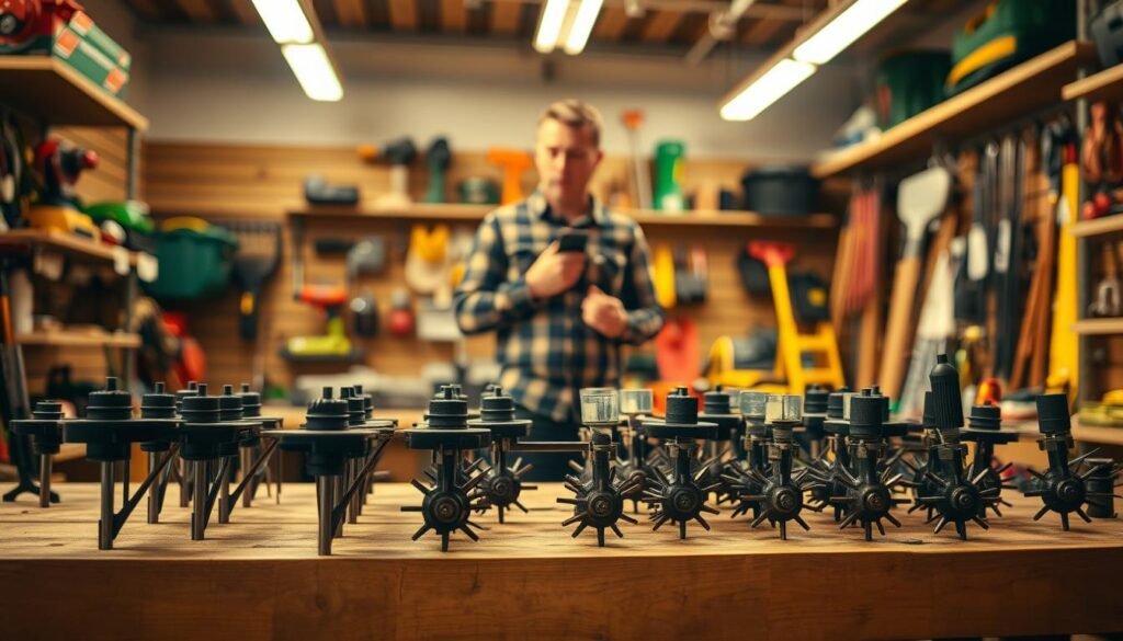 A well-lit indoor scene showcasing the selection of a lawn aerator. In the foreground, an array of various aerator models are displayed on a wooden workbench, their tines and mechanisms visible for close inspection. In the middle ground, a person in casual attire examines the aerators, evaluating their features and suitability for the task at hand. The background features shelves stocked with other lawn care tools and equipment, creating a professional, hardware store-like ambiance. Warm, natural lighting from overhead sources casts a soft, inviting glow on the scene, highlighting the textures and details of the aerators. The overall tone is one of thoughtful consideration, as the person contemplates the best tool for their lawn aeration needs. A well-lit indoor scene showcasing the selection of a lawn aerator. In the foreground, an array of various aerator models are displayed on a wooden workbench, their tines and mechanisms visible for close inspection. In the middle ground, a person in casual attire examines the aerators, evaluating their features and suitability for the task at hand. The background features shelves stocked with other lawn care tools and equipment, creating a professional, hardware store-like ambiance. Warm, natural lighting from overhead sources casts a soft, inviting glow on the scene, highlighting the textures and details of the aerators. The overall tone is one of thoughtful consideration, as the person contemplates the best tool for their lawn aeration needs.