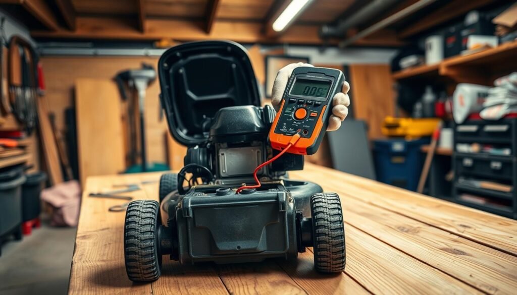 A well-lit workshop interior with a sturdy wooden workbench in the foreground. On the bench, a lawn mower engine rests open, exposing its battery terminals. In the middle ground, hands wearing protective gloves carefully connect a digital multimeter to the battery, measuring its voltage. The background shows shelves of tools and supplies, suggesting a professional, DIY setting. The scene conveys a focused, informative atmosphere, perfect for illustrating the process of testing a lawn mower's battery voltage. A well-lit workshop interior with a sturdy wooden workbench in the foreground. On the bench, a lawn mower engine rests open, exposing its battery terminals. In the middle ground, hands wearing protective gloves carefully connect a digital multimeter to the battery, measuring its voltage. The background shows shelves of tools and supplies, suggesting a professional, DIY setting. The scene conveys a focused, informative atmosphere, perfect for illustrating the process of testing a lawn mower's battery voltage.