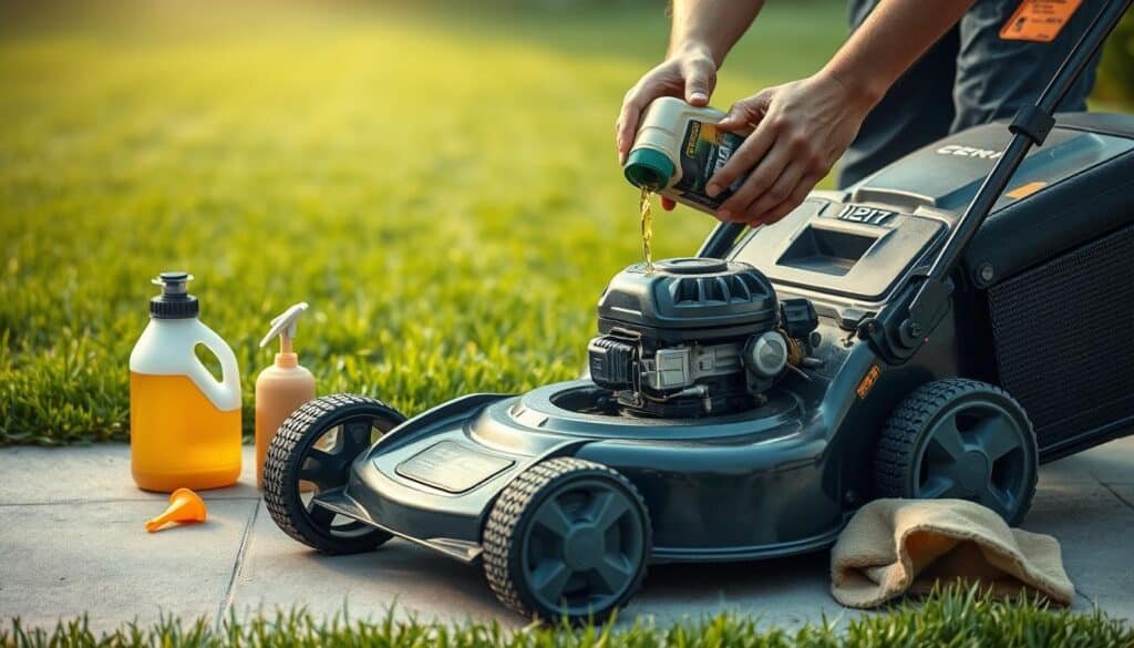 A well-maintained lawn mower is crucial for a pristine, lush lawn. This prompt aims to capture the process of an oil change for a lawn mower, showcasing the necessary tools and the delicate steps involved. In the foreground, a mid-shot of a lawn mower rests on a concrete surface, its engine exposed, ready for servicing. Various oil change supplies surround it, including a fresh oil bottle, funnel, and a clean rag. The lighting is soft and diffused, creating a warm, inviting atmosphere. In the middle ground, the mechanic's hands carefully pour the new oil into the mower's engine, meticulously following the recommended intervals for optimal performance. The engine's internal components are visible, highlighting the importance of regular maintenance. The background features a neatly manicured lawn, symbolizing the ultimate goal of maintaining the lawn mower in top condition. The overall scene conveys a sense of professionalism, attention to detail, and the importance of proper lawn mower care. Prompt A mid-shot