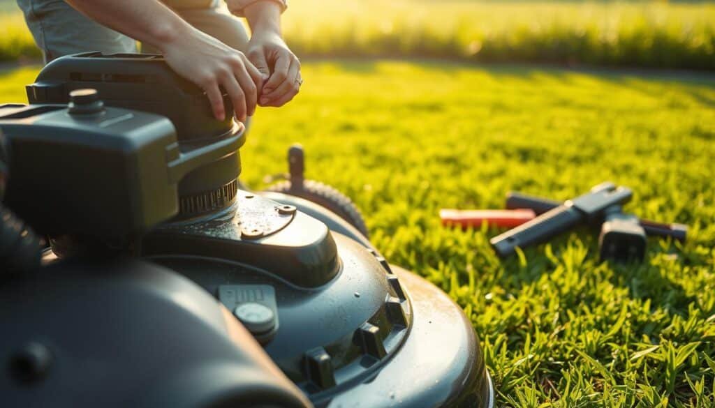 A well-maintained mower deck, its blades gleaming under the warm afternoon sun, as a gardener meticulously inspects and cleans the underside. The lush, verdant lawn stretches out in the background, a testament to the hard work and diligence required to keep a post-rain landscape in pristine condition. The scene exudes a sense of order and attention to detail, with the gardener's tools neatly arranged nearby, ready for the next task. The composition emphasizes the importance of regular mower deck maintenance, a critical step in ensuring the health and appearance of a freshly mowed lawn.