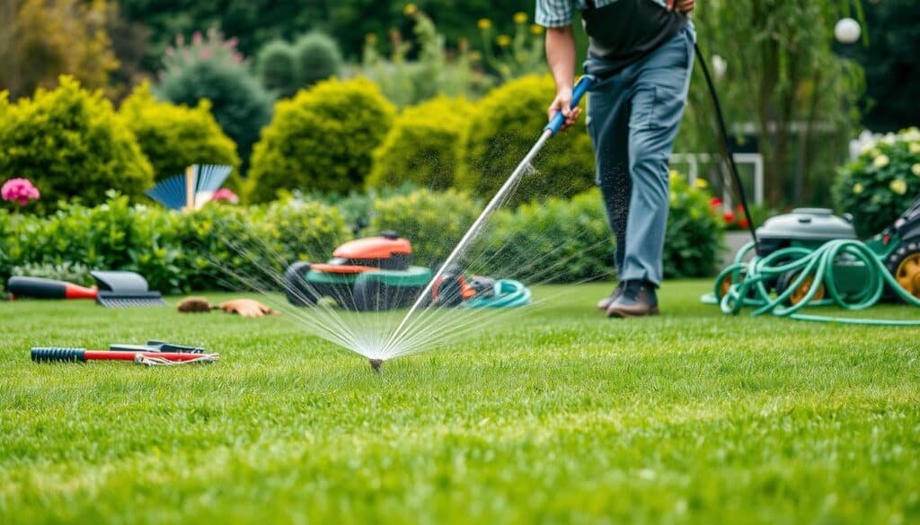A well-manicured lawn in the foreground, with a gardener carefully watering the grass using a sprinkler system. The middle ground showcases various lawn care tools, such as a lawnmower, rakes, and a hose. In the background, a verdant garden setting with shrubs and trees provides a serene backdrop. The lighting is natural, with soft, even illumination across the scene. The overall mood is one of diligence and attention to detail in maintaining a healthy, thriving lawn. A well-manicured lawn in the foreground, with a gardener carefully watering the grass using a sprinkler system. The middle ground showcases various lawn care tools, such as a lawnmower, rakes, and a hose. In the background, a verdant garden setting with shrubs and trees provides a serene backdrop. The lighting is natural, with soft, even illumination across the scene. The overall mood is one of diligence and attention to detail in maintaining a healthy, thriving lawn.