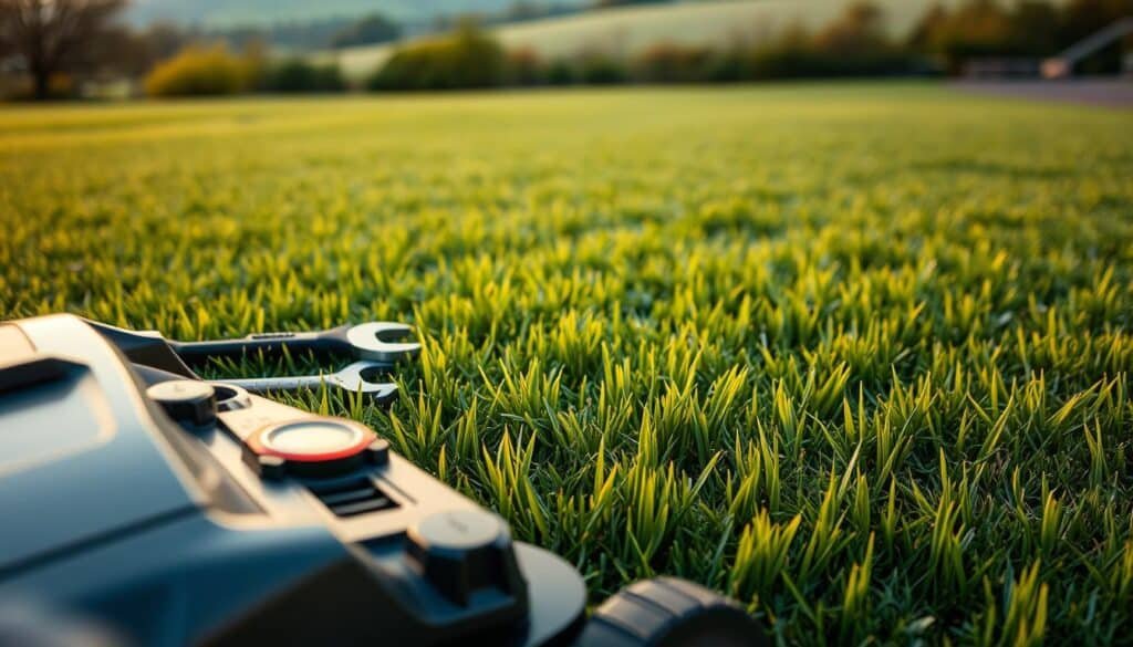 A well-manicured lawn with a crisp, clean cut, the mower settings laid out in a meticulously organized display. In the foreground, a modern push mower with adjustable blades, the height indicator clearly visible. Surrounding it, an array of tools - a wrench, screwdriver, and a small measuring device - hinting at the precision required for optimal lawn care. In the middle ground, lush, verdant grass blades, recently mowed, their tips glistening under the warm, diffused lighting. In the background, a serene, out-of-focus landscape, suggesting the tranquil setting for this lawn maintenance ritual. The overall atmosphere conveys a sense of order, efficiency, and a dedication to achieving the perfect lawn. A well-manicured lawn with a crisp, clean cut, the mower settings laid out in a meticulously organized display. In the foreground, a modern push mower with adjustable blades, the height indicator clearly visible. Surrounding it, an array of tools - a wrench, screwdriver, and a small measuring device - hinting at the precision required for optimal lawn care. In the middle ground, lush, verdant grass blades, recently mowed, their tips glistening under the warm, diffused lighting. In the background, a serene, out-of-focus landscape, suggesting the tranquil setting for this lawn maintenance ritual. The overall atmosphere conveys a sense of order, efficiency, and a dedication to achieving the perfect lawn.