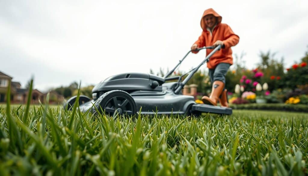 A well-manicured lawn with blades of wet grass glistening under a soft, overcast sky. In the foreground, a lawnmower with sturdy wheels navigates the uneven terrain, its blades cutting through the damp foliage with precision. The middle ground showcases a gardener in a rain jacket and boots, carefully maneuvering the mower, their face expressing a focused determination. In the background, a picturesque garden with vibrant flowers and lush greenery provides a serene backdrop. The scene conveys a sense of careful attention to detail and the importance of adapting mowing techniques to accommodate wet conditions.