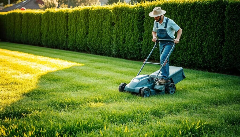 A well-manicured lawn with freshly mowed grass, the blades glistening under the warm afternoon sunlight. A gardener, clad in overalls and a wide-brimmed hat, carefully navigates a modern, electric-powered lawn mower, its quiet motor humming as it effortlessly cuts through the lush, verdant turf. In the distance, a neatly trimmed hedge frames the scene, adding depth and a sense of intentional landscaping. The overall atmosphere conveys a serene, well-maintained outdoor oasis, where the post-fertilization mowing techniques have resulted in a vibrant, healthy lawn. A well-manicured lawn with freshly mowed grass, the blades glistening under the warm afternoon sunlight. A gardener, clad in overalls and a wide-brimmed hat, carefully navigates a modern, electric-powered lawn mower, its quiet motor humming as it effortlessly cuts through the lush, verdant turf. In the distance, a neatly trimmed hedge frames the scene, adding depth and a sense of intentional landscaping. The overall atmosphere conveys a serene, well-maintained outdoor oasis, where the post-fertilization mowing techniques have resulted in a vibrant, healthy lawn.